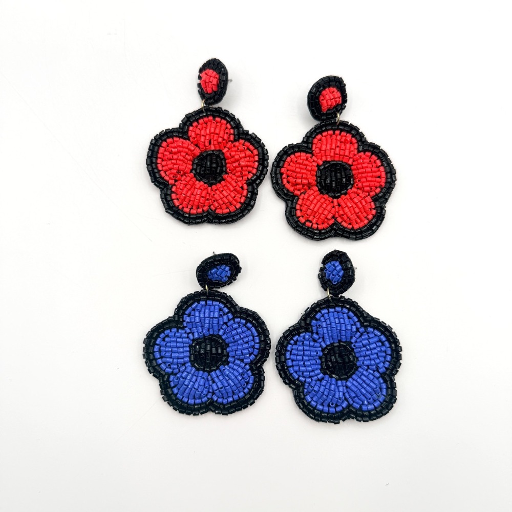 Vintage Beaded Flower Drop Earrings Lot - 2 Pairs Red Blue Black